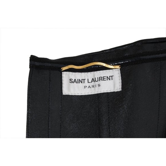 Saint Laurent Womens Strapless Mini Dress Size 38 Black Leather Side Bow Ruffled - Picture 7 of 13